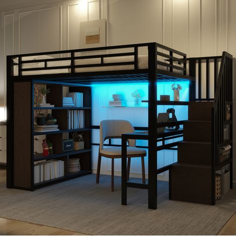 Hochbett Metall Schwarz 140x200 cm mit Schreibtisch, Stauraumtreppe, Regalen und LED-Lichtleiste (1/5)