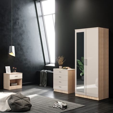 ELEGANT 3 Piece Bedroom Wardrobe with Mirror Furniture Sets, 2 Door Soft Hinge Mirrored Wardrobe, 4 Drawer Chest of Drawers, Beside Cabinet, Cream/Oak Bedroom Furniture Sets (1/5)