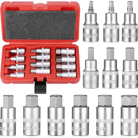 Jeu de Douilles 6 Pans, 1/2" Métriques 5-22MM, Douille en Acier CR-V Entièrement Polie et Embout Allié S2, 12 Pièces Hexagonale avec Boîtier Rangement, pour Clés Dynamométriques - (1/5)