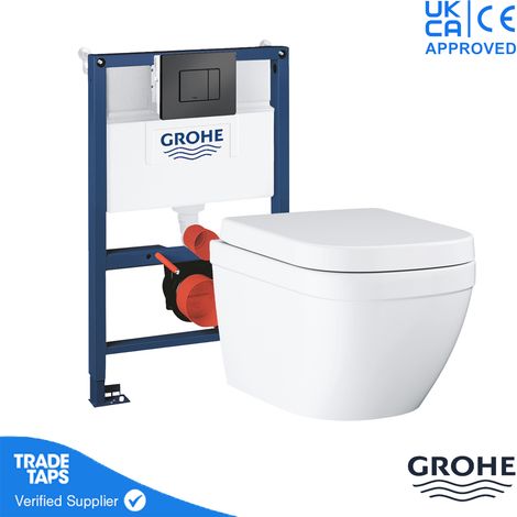 GROHE EURO Rimless Wall Hung Toilet Pan with 0.82m Concealed Cistern Frame Dual Flush Plate - Phantom Black (1/5)