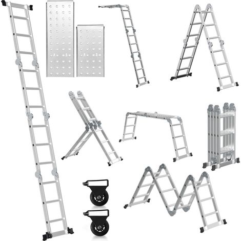 SWANEW Scala multifunzione in alluminio,scala multiuso 360cm, scala pieghevole 6 in 1 con 2 ruote e piattaforma, scala multiuso pieghevole 4 x 3 argento fino a 150KG (1/5)