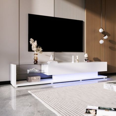 Mobile TV moderno, bianco lucido, con 2 cassetti e separatori, illuminazione LED modulabile, mobile da soggiorno, 170 x 36 x 38 cm
