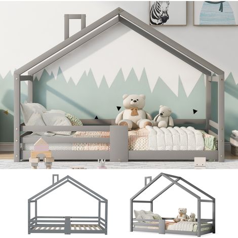 Lit cabane pour enfants avec cheminée, barrière antichute, sommiers à lattes robustes en bois de pin, 90 x 200 cm sans matelas, gris (1/5)