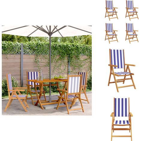 Gartenstühle Verstellbar 4 Stk. Blau Weiß Stoff und Massivholz - Gartensessel - Gartenmöbel - Holzsessel - Esszimmerstühle - Lounge Sessel (1/5)