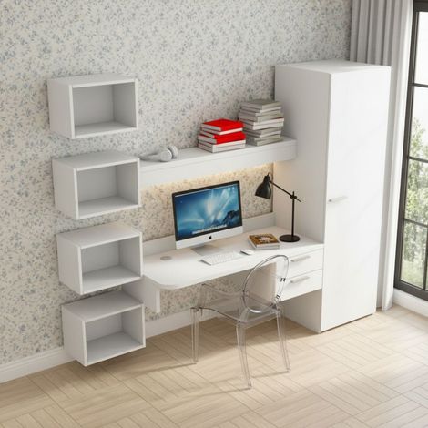 Scrivania sospesa design con mensola luminosa, pensili e armadio - Bianco (1/5)