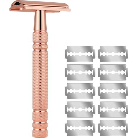 Rasoir De Sûreté, Rasoir de Sécurité en Acier Inoxydable pour Visage et Corps avec 10 lames à double tranchant, Reutilisable Rasoir Manuel Safety Razor Homme et Femme pour un Rasage Net et Lisse (1/5)