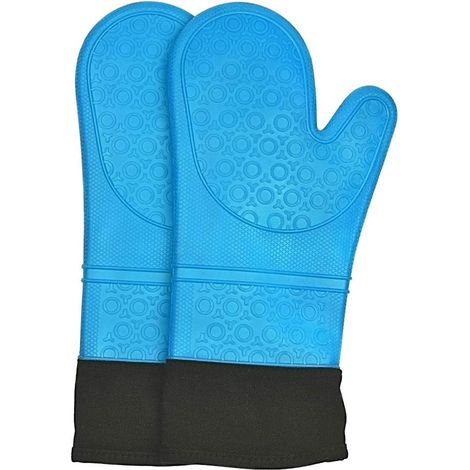 JSSEVN - Heat Resistant Silicone Oven Gloves, Extra Long, Non-Slip Oven Mitts, 38  18.5cm, cuff width 14cm (Blue, 1 Pair) (1/5)