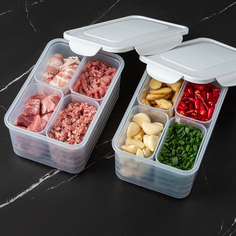 Ensemble de 2 boîtes de conservation des aliments divisées à quatre compartiments avec couvercle à charnière, boîte de rangement transparente pour assaisonnement de viande et légumes pour la préparati (1/5)