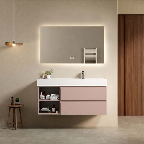 Mobile bagno sospeso 120 cm Rosa Retro Lavabo a Destra in Resina Specchio Quadro Retroilluminato - Fiji Paint Plus (1/4)