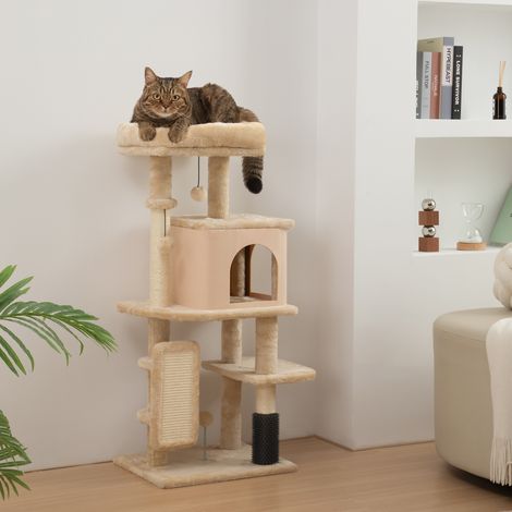 Arbre à chat à plusieurs niveaux 104 cm haut cabane Lit Griffer poteaux Brosse boule - Couleur: Beige
