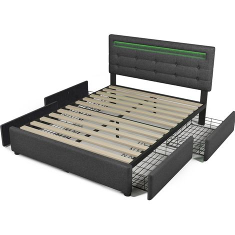 Cama doble tapizada 140x200 cm con LED, 4 cajones, colchón incluido, cabecero regulable, gris (1/5)