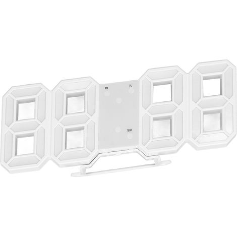 Horloge murale LED 3D minimaliste avec cadre blanc, alarme et minuteur numériques avec affichage de la température, idéale pour le salon (texte rouge). (1/5)
