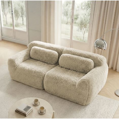 Canapé modulaire 2 places kaki clair en peluche sans cadre avec coussins (1/5)
