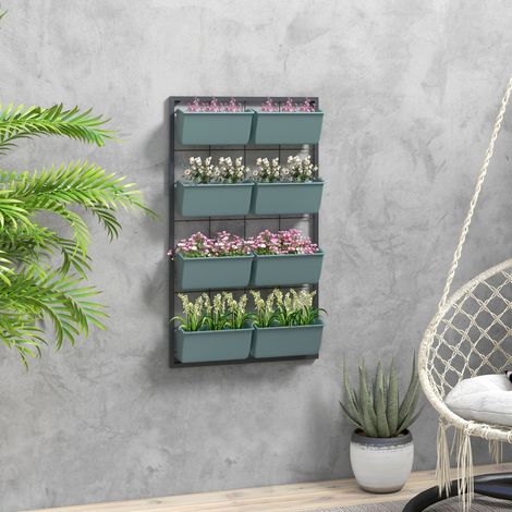 Huerto vertical de pared de 4 niveles con 8 macetas, de acero y plástico, 52x14x90 cm, verde oscuro y negro.