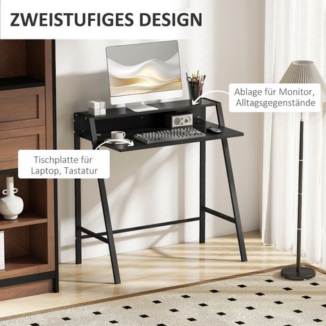 Bureau PC design avec tiroirs et cache-câbles, cadre en acier, parfait pour télétravail, chambre ou étude. Taille : 84 x 45 x 85 cm. Coloris : noir. (1/4)