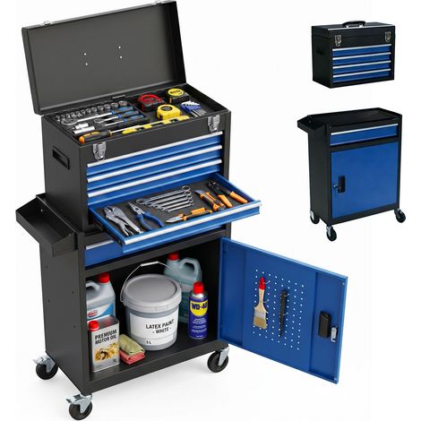 Relaxdays carrello officina, 5 cassetti + cassetta rimovibile, con serratura, 104x59,5x28 cm, ruote, acciaio, nero-blu