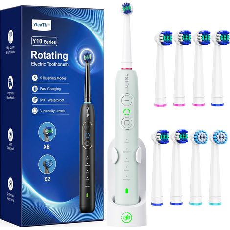 Electric Toothbrush for Adults and Kids, 8 Heads, 3 Intensities, 5 Modes, Rotating Toothbrushes with 2 Minute Smart Timer, Green (1/5)