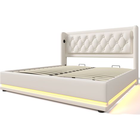 Cama doble capitoné 180x200 cm blanca en PU con almacenamiento hidráulico, LED 3 lados, USB-C (1/5)