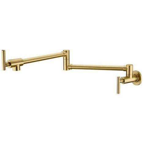 Wall-Mount Spout Faucet, Heavy-Duty Stainless Steel with Double Pull-Out Joint, Folding Rocker Arm and 2 Handles, Brushed Gold (1/3)