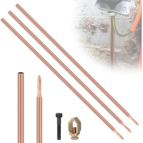 3 x Tige de Terre 1 m Tiges de Sol φ17,2 mm en Acier au Carbone, Revêtement en Cuivre Rouge de 0,2 mm Ground Rod avec Pince et Boulon d'Entraînement (1/5)