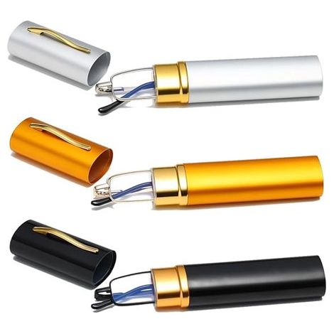 Tre paia di occhiali da lettura in metallo ultrasottili, unisex, con custodia portatile -2.0 diottrie (nero + argento + oro). (1/2)
