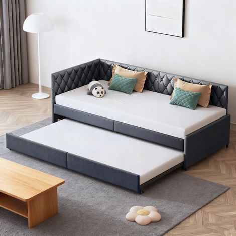 Canapé lit 90/180 x 200 cm, Canapé lit gigogne avec sommier, lit capitonné, 2 en 1, Extensible, velours, Gris foncé