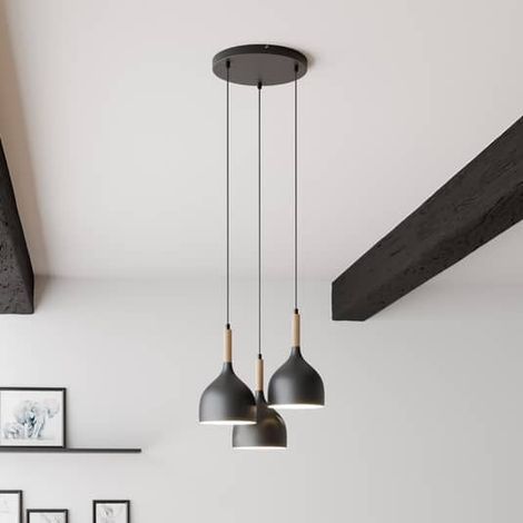Suspension noire mat bois Noak 3 abat-jours E27 Luminex (1/2)