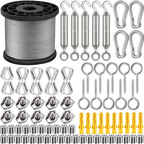 95PCS Corde en Acier Inoxydable à Suspendre Kit/Kit de câble de jardin/câble d'image/Kit de clôture/Câble métallique en acier inoxydable 304, tendeur M5 de fil et crochet (50MM/165FT-1) (1/5)
