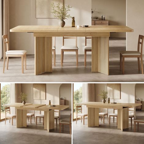 Table à manger 160 cm table de salle à manger extensible rainurage vertical pieds de table en v forme rectangulaire coloris chêne (1/2)