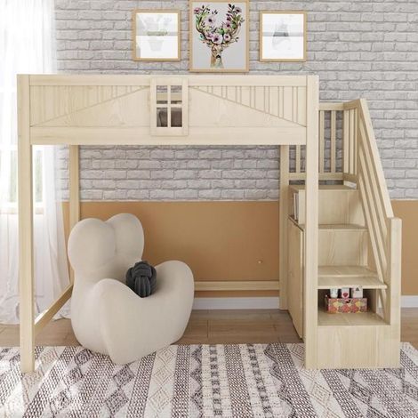 Lit mezzanine - KOMHTOM - 90x200 cm - Bois massif - Escalier rangement réversible - Porte sécurité & fenêtre (1/5)