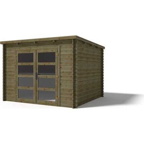 Abri de jardin en bois - 9m2 - 3x3m - Traité - Ep. 28mm - Couleur: vert (1/3)