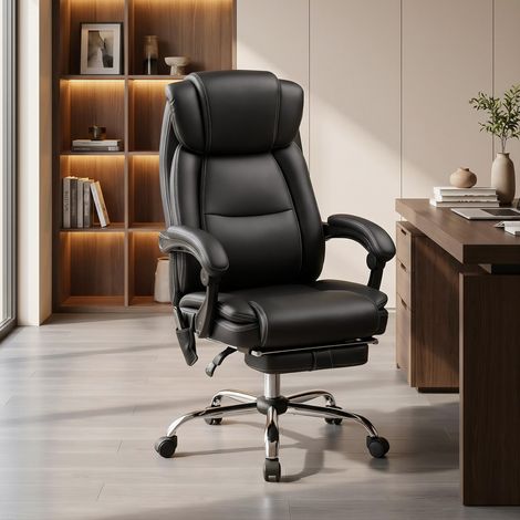 Fauteuil de bureau inclinable en similicuir noir, massant et chauffant, avec télécommande et repose-pieds. (1/5)