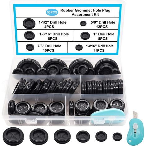 Lot de 53 œillets en caoutchouc pour le câblage, kit d'œillets en caoutchouc en 6 tailles de trous assorties : 5/8", 13/16", 7/8", 1", 1-3/16", 1-1/2", bouchon en caoutchouc double face pour la protec (1/5)