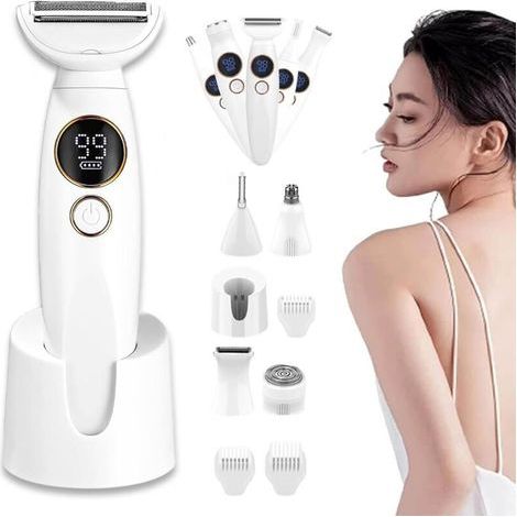 Rasoir Femme 5 En 1, 2025 New Rasoir Elios Femme, Polyvalent Tondeuse Maillot Femme, Rasoir éTanche Ipx7 Avec Chargeur Usb Et Affichage, Pour Bikini, Jambes, Aisselles Et Nez (B) (1/4)