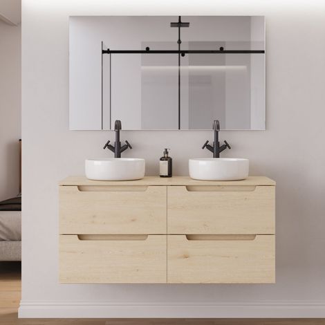 Meuble de salle de bain 140cm avec plateau et 2 vasques à poser rondes - 4 tiroirs - roble calima (bois clair) - SONRIZA (1/5)