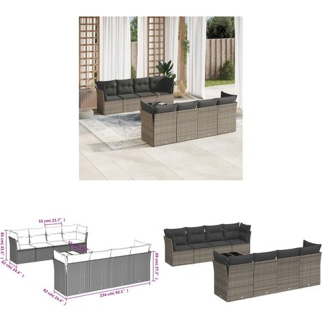 9-tlg. Garten-Sofagarnitur mit Kissen Grau Poly Rattan - Gartensortiment - Outdoor Möbel - Lounge Set - Gartenlounge - Rattan Gartenmöbel - Home & Living (1/3)