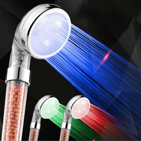 Pommeau Douche Anti Calcaire, Economiseur d'eau Pression Pommeau de Douche à LED avec 3 Couleurs Changeantes, Transparent Douche à Main avec Filtre ionique et Pierre pour Spa (1/5)