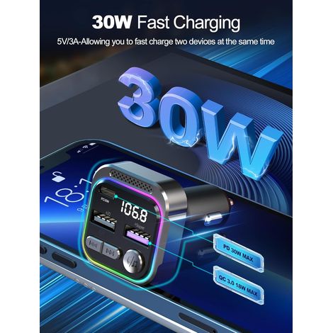 30W MAX Bluetooth-Autoadapter, kompatibel mit 30W PD Schnellladung und 15W QC3.0, mit FM-Transmitter, Bluetooth 5.3 für das Auto, Freisprechfunktion, LED-Anzeige und USB-Anschluss.