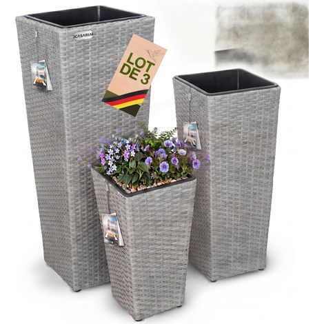 Set de 3 pots de fleurs bac à fleurs polyrotin pot intérieur amovible 3 couleurs résistant aux intempéries et UV design élégant intérieur et extérieur Gris (1/7)
