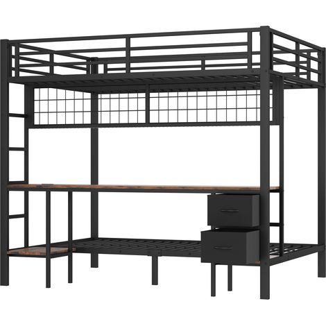 Letto a soppalco 140 x 200 in metallo nero con scrivania, cassetti, ripiani, LED USB (1/5)