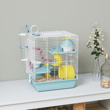 Cage hamster, cage rongeur à 3 niveaux, avec roue d'exercice, tunnel de jeu, gamelle, cabane, 34,5 x 27,5 x 41 cm, bleu (1/5)