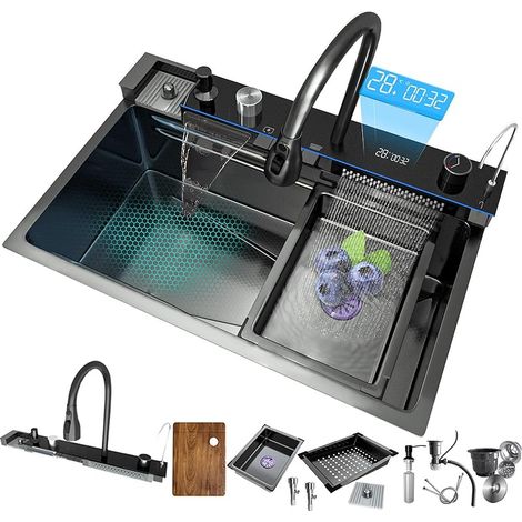 Küchenspüle aus Edelstahl 304, große, multifunktionale Einzelspüle mit Wasserfallauslauf, zum Waschen von Gemüse und Geschirr – TELISIYA – 80 x 46 cm