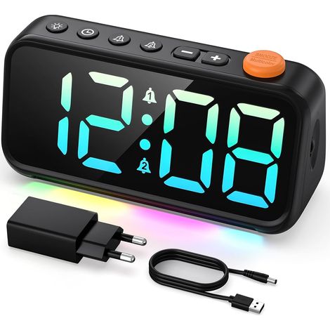 Réveil Numérique sur Secteur avec Affichage LED Grand Écran, Éclairage RGB, Double Alarme, Fonction Répétition et Luminosité Réglable (Adaptateur Inclus) (1/5)