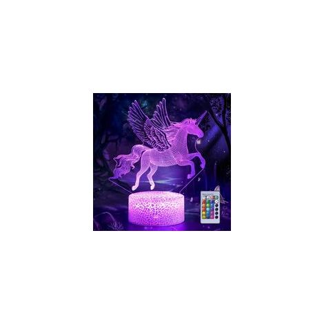 3D-Einhorn-Nachtlicht mit Illusion, 3D-Flugeinhorn-Nachtlicht, ferngesteuerte Schreibtischlampe, visuelles Licht, 16 wechselnde Farben, Geburtstagsgeschenk, geeignet für Mädchen und Kinder – Crezuo