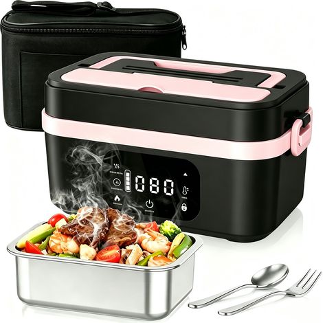Boîte à déjeuner chauffée, bol de chauffage intelligent de 1.35L avec écran tactile, boîte à déjeuner chauffage rapide portable avec vaisselle en acier inoxydable et sac isolé pour bureau de voiture