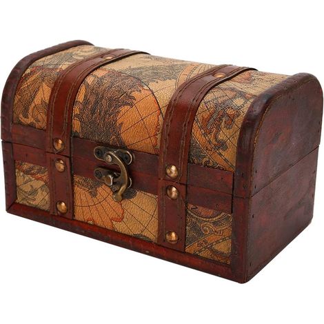 Boîte à Souvenirs en Bois, Coffre a Bijoux, Petite Mallette de Rangement de Bijoux en Bois Vintage de Style européen, Coffre au trésor Fait à la Main avec charnière en Alliage(Map) (1/5)