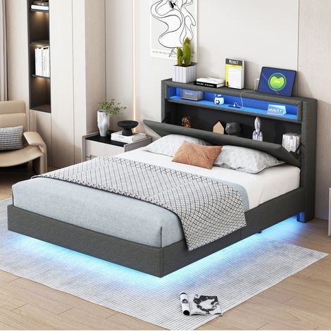 Bett 140x200 cm gepolstert grau, mit drehbarem Kopfteil mit Stauraum, USB, LED-Beleuchtung und Lattenrost (1/5)