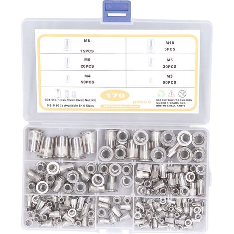 Zoternen Fafeicy 170-teiliges Nietmuttern-Sortiment, M3, M4, M5, M6, M7, M8, Edelstahl-Nietmutter, Flachkopf-Nietmuttern, Nuss
