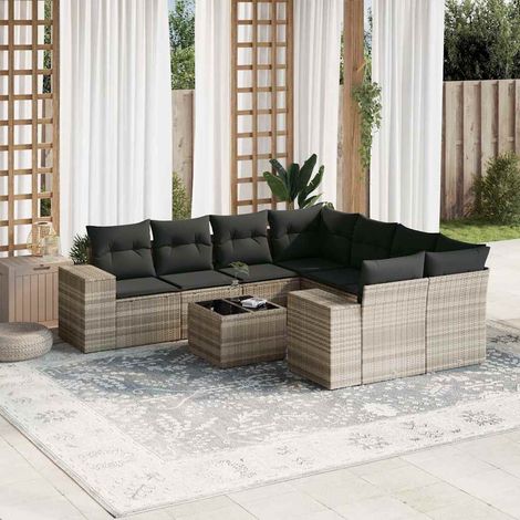 Set muebles jardín 9 pzas y cojines ratán sintético gris claro vidaXL (1/5)
