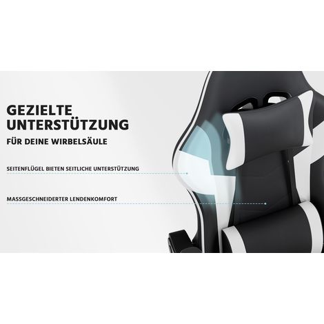 Fauteuil gaming ergonomique, dossier lombaire réglable, similicuir PU respirant, robuste jusqu'à 200 kg. Siège inclinable, accoudoirs ajustables, design bicolore noir/blanc. (1/5)